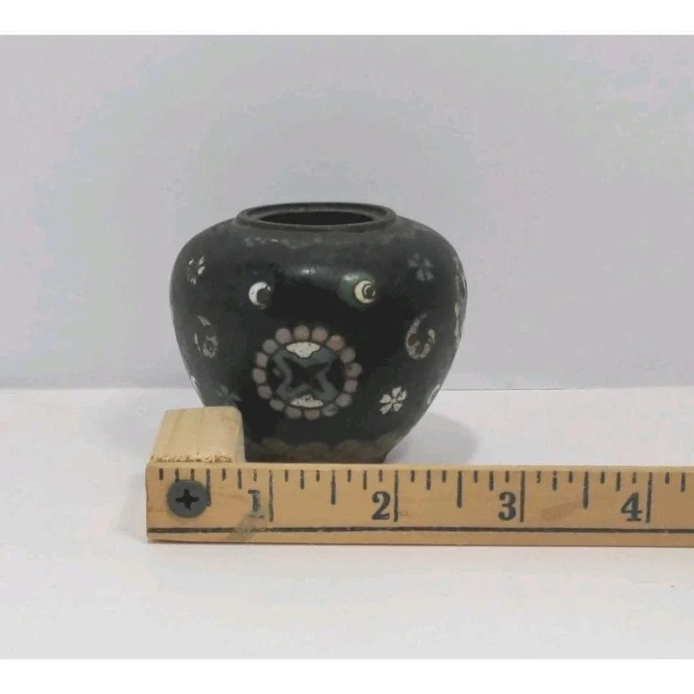 Vintage Cloisonne Mini Vase Black Floral Enamel 2.5